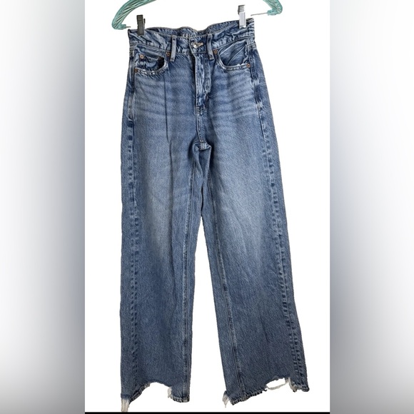 American Eagle Outfitters Denim - American Eagle Women's Super High Rise Baggy Wide Leg Blue Jeans Raw Hem 000/XXS